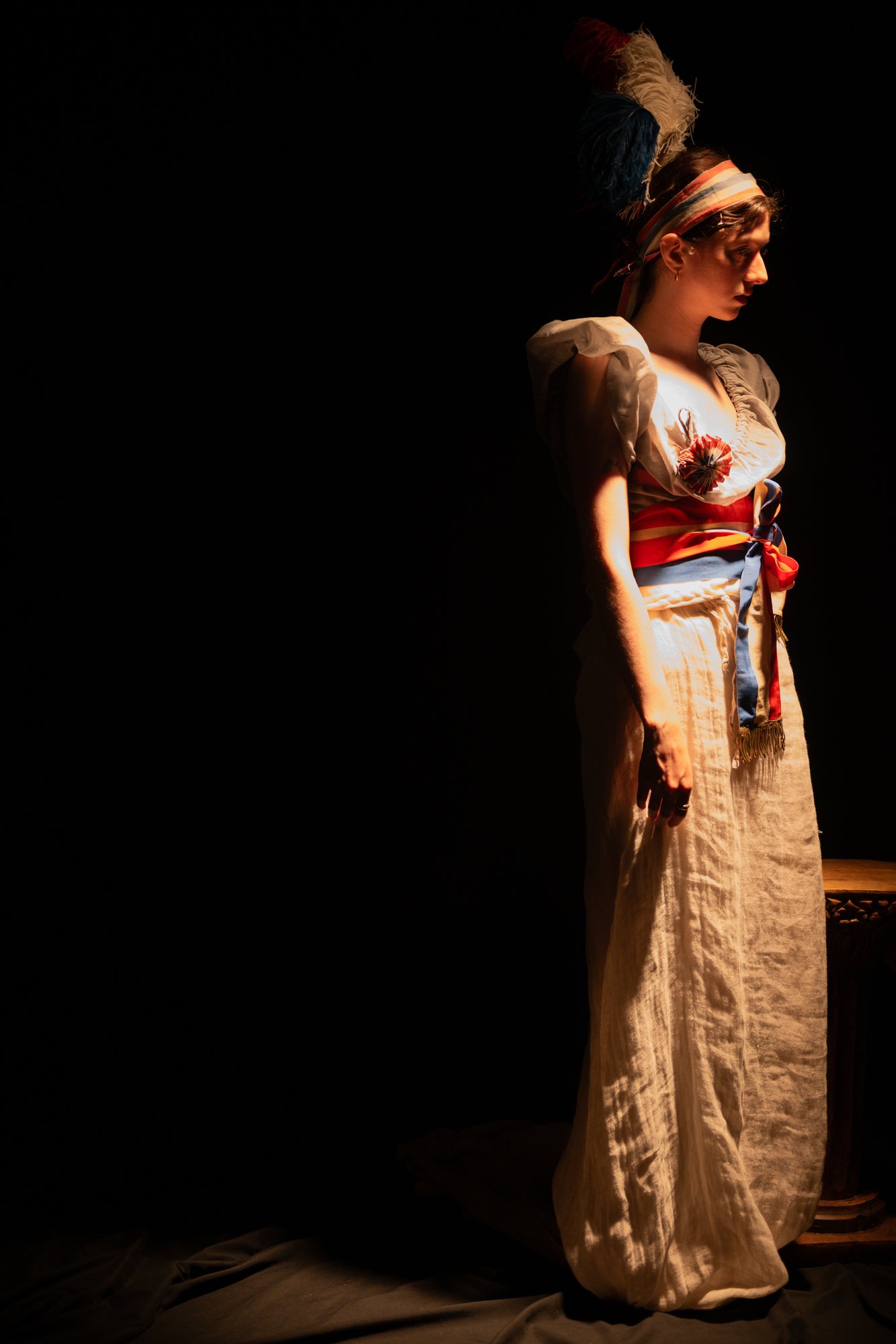 French Revolution photoshoot, full-length in muslin and tricolour