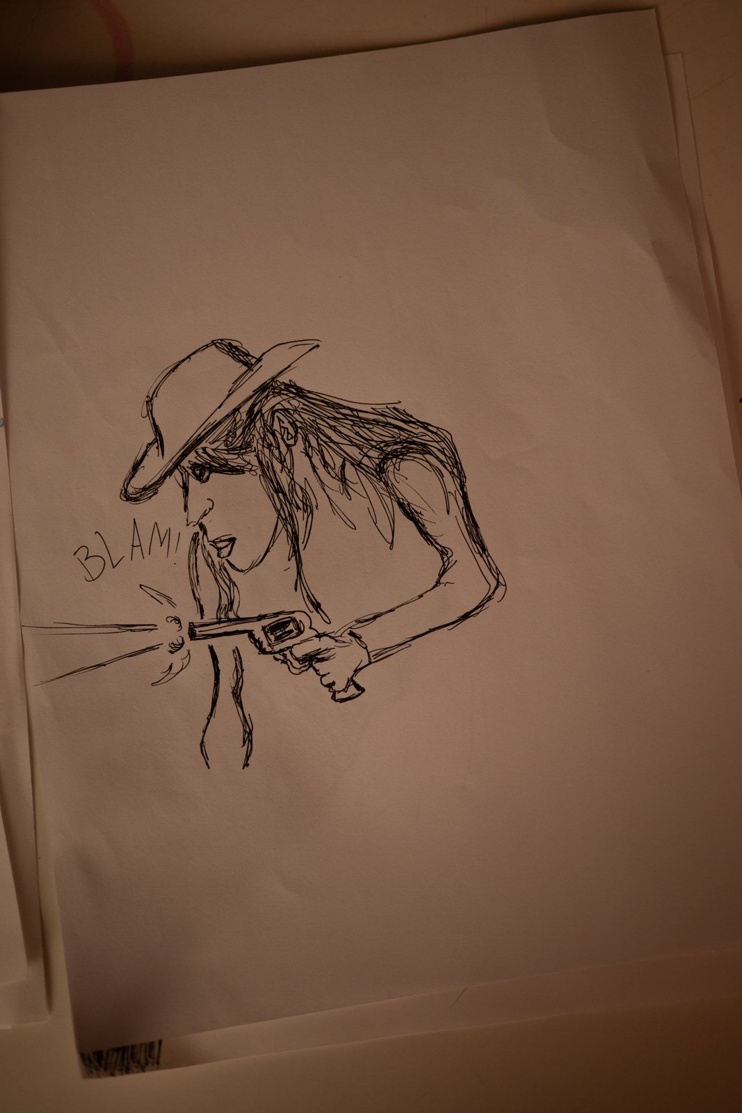 Gothic Country, an ink drawing of the model firing a gun