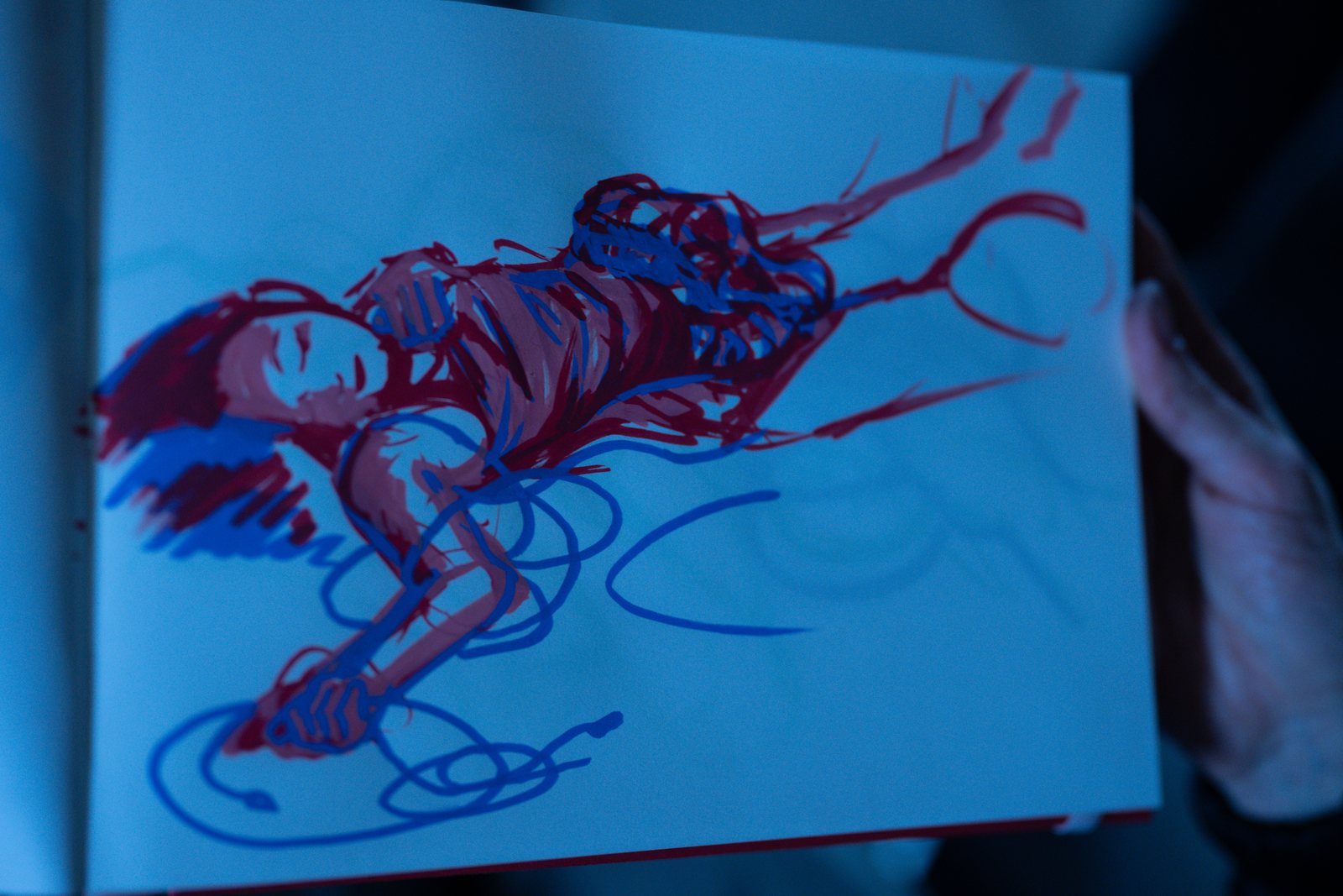 Post Apocalypse, a red and blue drawing of the reclining model
