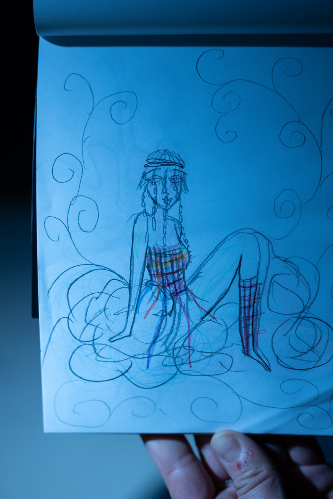 Post Apocalypse, a line drawing of the seated model