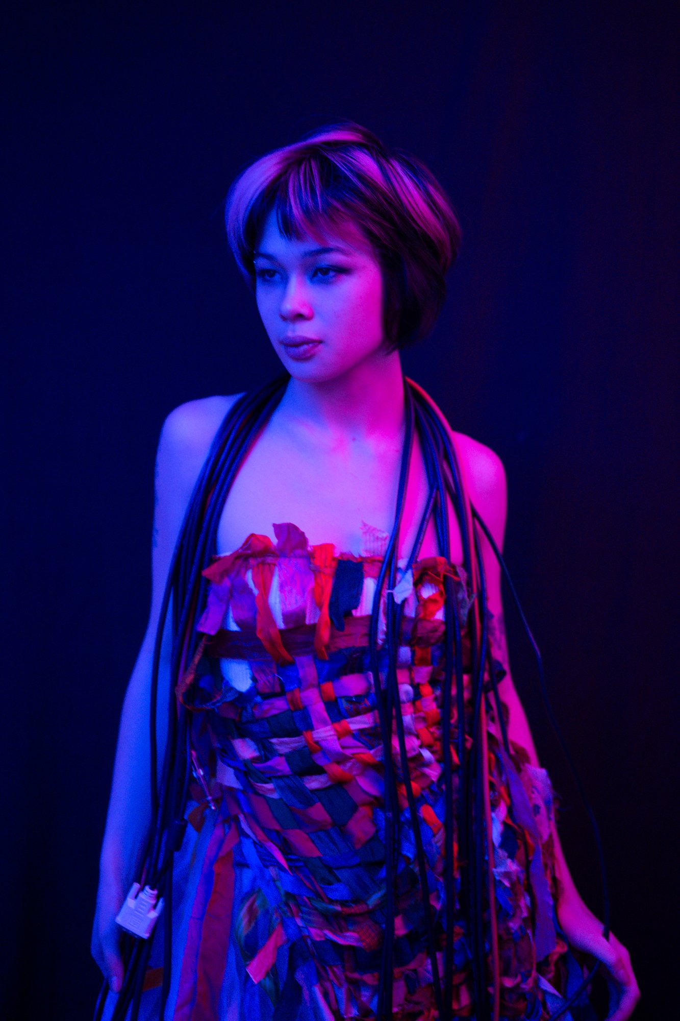 Post Apocalypse photoshoot, model in blue light